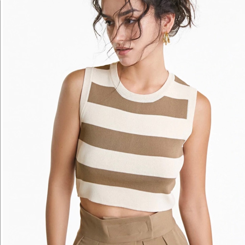 Ivory Striped Crew Neck Rib-Knit Vest